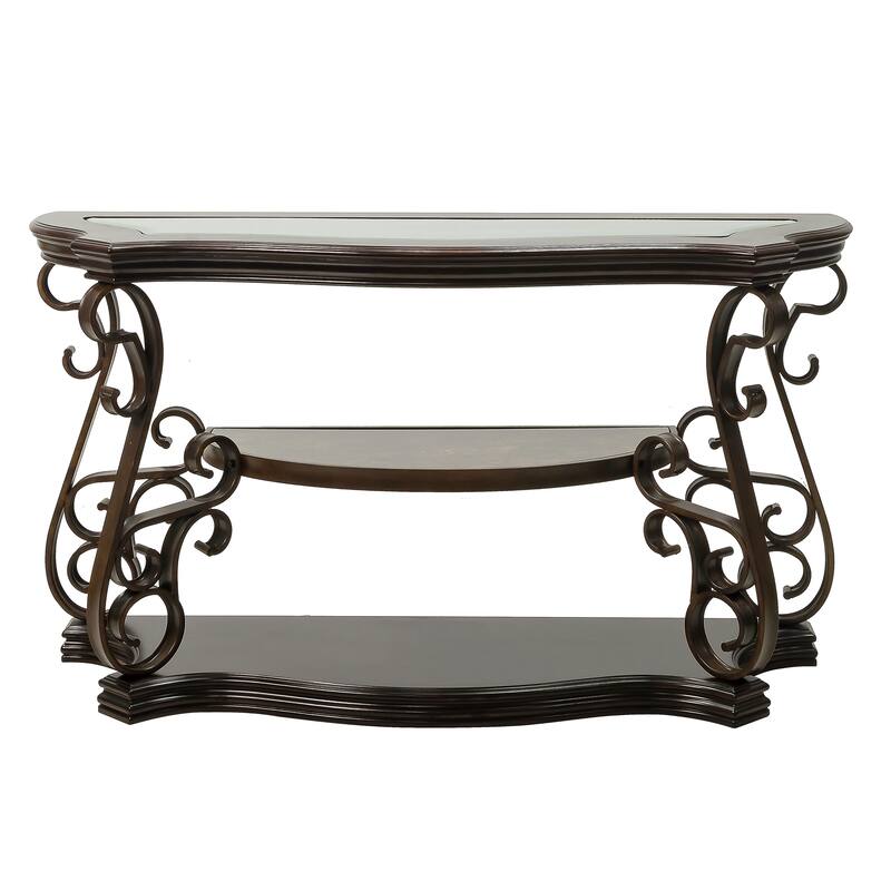 Sofa Table, Glass table top, MDF W/marble paper middle shelf, powder coat finish metal legs for